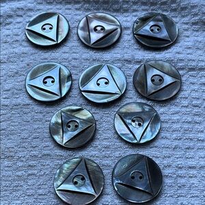Vintage Deco Abalone Buttons • Iridescent Carved Shell • 1.5” + 1⅜” • Set of 10